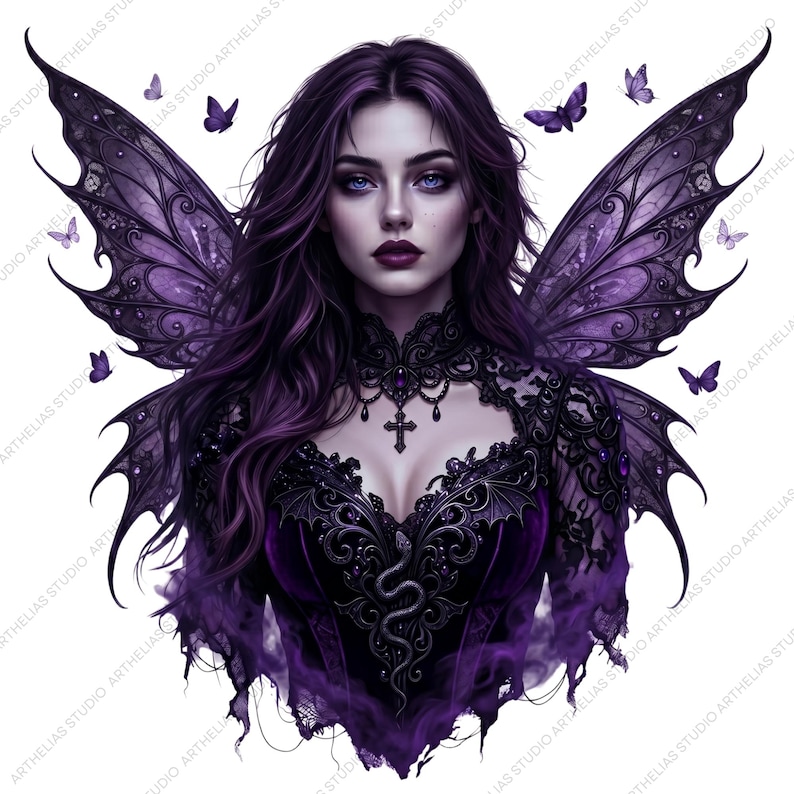 May include: Digital illustration of a woman with purple hair and blue eyes, adorned with purple fairy wings and butterflies. She wears a dark purple dress with intricate lace detailing and a cross pendant. The image has a fantasy theme.