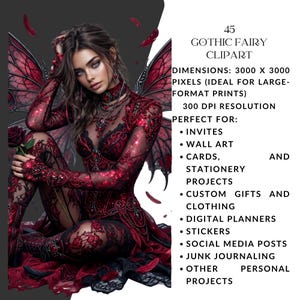 May include: A digital illustration of a gothic fairy with red and black wings, holding a rose. The fairy is wearing a red dress with intricate lace details. Text on the right reads "45 GOTHIC FAIRY CLIPART".