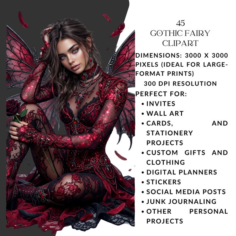 May include: A digital illustration of a gothic fairy with red and black wings, holding a rose. The fairy is wearing a red dress with intricate lace details. Text on the right reads "45 GOTHIC FAIRY CLIPART".