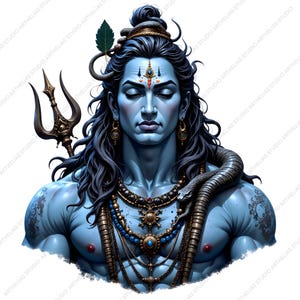 May include: A blue-skinned deity with long dark hair, a third eye mark on the forehead, and a snake coiled around the neck. The figure wears ornate gold necklaces and earrings, features a trident behind the shoulder, and has a green leaf in the hair.