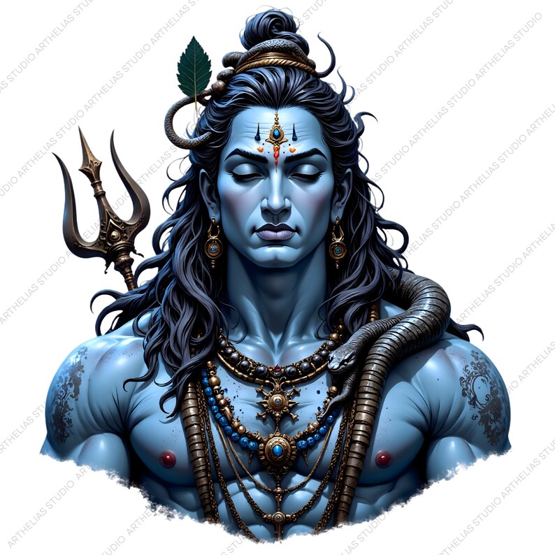 May include: A blue-skinned deity with long dark hair, a third eye mark on the forehead, and a snake coiled around the neck. The figure wears ornate gold necklaces and earrings, features a trident behind the shoulder, and has a green leaf in the hair.