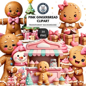 May include: A digital art image featuring a collection of gingerbread characters, a snowman, and a pink gingerbread shop. The image includes text that reads "PINK GINGERBREAD CLIPART" and "TRANSPARENT BACKGROUND". There are also gift boxes, cupcakes, and a Christmas tree.