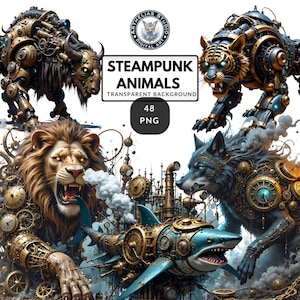 May include: Digital art featuring steampunk animals, including a tiger, wolf, lion, and shark, with mechanical details and clockwork elements. The image includes the text "STEAMPUNK ANIMALS" and "48 PNG".