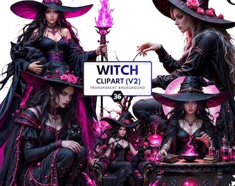 Könnte beinhalten: Eine Sammlung digitaler Illustrationen mit mehreren Hexen in schwarzen Outfits mit rosa Blumenakzenten, schwarzen Katzen und leuchtend violetten magischen Elementen. Der Text in der Mitte lautet WITCH CLIPART (V2) TRANSPARENT BACKGROUND 36.
