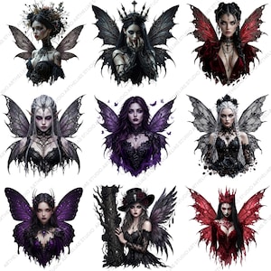 May include: Nine digital illustrations of gothic fairies with detailed wings, crowns, and dark attire. The fairies feature various color schemes, including black, red, purple, and silver. Each image showcases a unique design and style.
