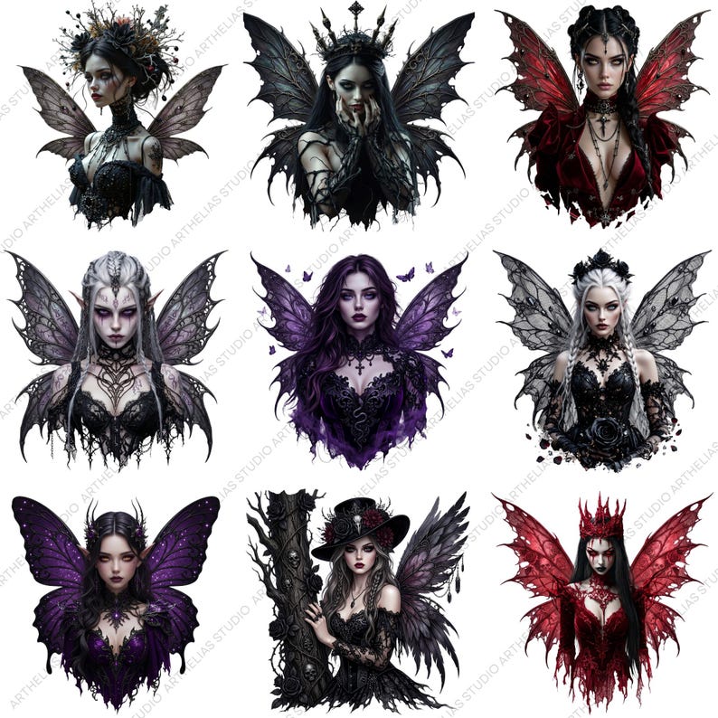 May include: Nine digital illustrations of gothic fairies with detailed wings, crowns, and dark attire. The fairies feature various color schemes, including black, red, purple, and silver. Each image showcases a unique design and style.