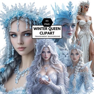 May include: A collection of digital art featuring winter queen clipart. The images showcase women with silver hair, adorned with icy crowns, jewelry, and gowns. The text on the image reads "Winter Queen Clipart" and "Transparent Background".