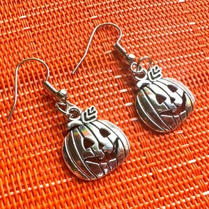 18mm Silver Jack-O'-Lantern Charm Dangle Earrings  |  Elegant Halloween Pumpkin Jewelry