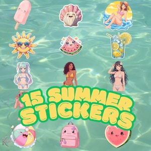 Puede incluir: Un conjunto de 15 pegatinas de verano con ilustraciones de dibujos animados. Los diseños incluyen un sol sonriente, una rodaja de sandía, una concha, un helado y chicas en bikini. Las pegatinas están sobre un fondo de agua turquesa.