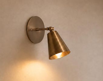 Antique Brass Adjustable Wall Sconce, Mid Century Cone Spotlight Wall Light