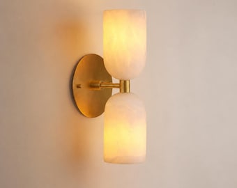 Alabaster Marble Wall Sconce | Mid Century Modern Brass Vanity Light Fixture