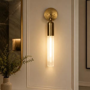 Glass Tube Wall Sconce | Modern Antique Brass Cylinder Light Fixture, Minimalist Up Down Accent Lamp for Bathroom Vanity, Entry & Hallway