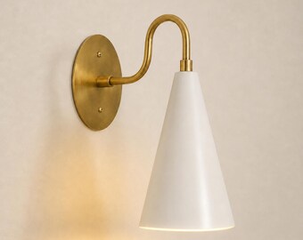 White Cone Wall Sconce, Antique Brass Mid Century Modern Wall Light