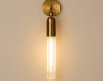 Glass Tube Wall Sconce | Antique Brass Cylinder Light Fixture, Mid-Century Modern Accent Lamp