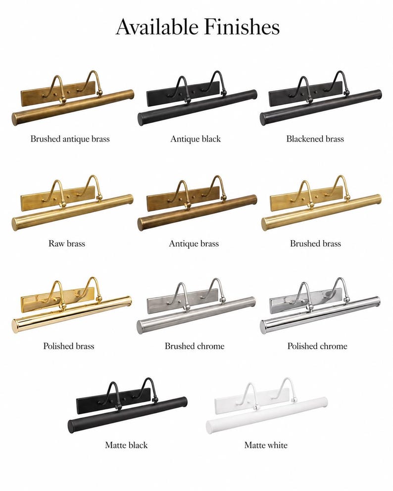 May include: A collection of eleven wall-mounted picture lights labeled Available Finishes. Each fixture features a rectangular backplate, two curved support arms, and a horizontal cylindrical light bar. Finishes include brushed antique brass, antique black, blackened brass, raw brass, antique brass, brushed brass, polished brass, brushed chrome, polished chrome, matte black, and matte white.