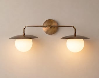 Mid Century Modern Brass Vanity Light | 2-Lamp Wall Sconce Fixture, Antique Brass Finish