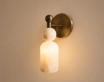 Genuine Alabaster Wall Sconce - Solid Brass Fixture, Luxury Marble Lighting for Modern Interior