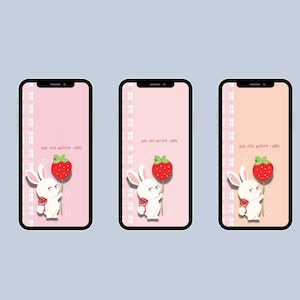 Kawaii Bunny Strawberry Phone Wallpaper-Phone Wallpaper-Pastel Aesthetic-Digital Download-Cute iphone Background-Berry Cute