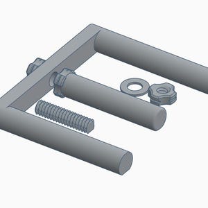 May include: A gray metal bracket with three cylindrical arms, a threaded bolt, a washer, and a star-shaped knob. The bracket has a right-angle design, and the components appear to be for assembly or mechanical use.