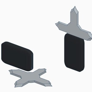 May include: A black rectangular object with rounded edges, accompanied by two gray, star-shaped objects. One gray object is positioned above the black rectangle, and the other is below. The objects are set against a white background.