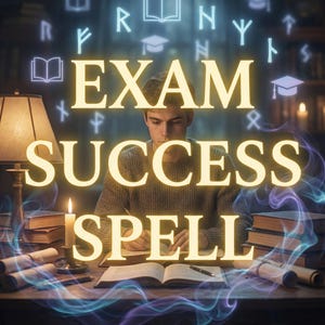 Könnte beinhalten: Ein junger Mensch studiert an einem Schreibtisch mit den Worten "EXAM SUCCESS SPELL" in goldenen Buchstaben. Bücher, Schriftrollen, Kerzen und mystische Symbole umgeben den Studenten und schaffen eine magische Lernatmosphäre.