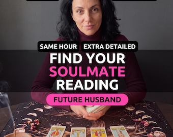 May include: A tarot card reading service advertisement featuring the text FIND YOUR SOULMATE READING FUTURE HUSBAND, SAME HOUR, and EXTRA DETAILED. The image displays four tarot cards, three lit candles, and incense on a moon-patterned cloth.