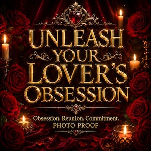 Puede incluir: Un gráfico digital con el texto dorado UNLEASH YOUR LOVER'S OBSESSION, Obsession. Reunion. Commitment. PHOTO PROOF, rodeado de rosas de color rojo intenso y velas encendidas sobre un fondo de terciopelo rojo con un emblema de corazón dorado.
