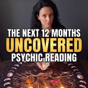 Puede incluir: Un paño negro con una ilustración central de un árbol rodeada de fases lunares, con una baraja de cartas sostenida en el centro. El texto THE NEXT 12 MONTHS UNCOVERED PSYCHIC READING está superpuesto en letras blancas y doradas.