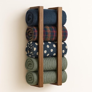 Wall-Mounted Wooden Blanket Holder – Minimalist Storage Rack for Rolled Quilts or Towels, Modern Natural Wood Design