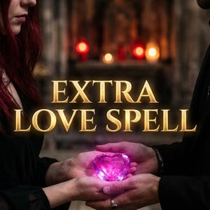 May include: Image features the text "EXTRA LOVE SPELL" in gold lettering. A glowing, heart-shaped crystal is held between two people. The background is blurred, with hints of candles and a gothic architectural setting.