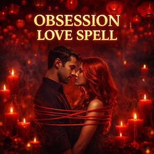 以下が含まれることがあります： 「OBSESSION LOVE SPELL」の文字が金色で書かれたロマンチックな画像。赤いキャンドルと赤いロープに囲まれたカップルが抱き合っています。女性は長い赤毛で、男性は黒髪です。背景は深い赤色です。
