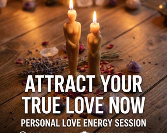 Może przedstawiać: Dwa zapalone świece w kształcie figury na drewnianej powierzchni, z tekstem "ATTRACT YOUR TRUE LOVE NOW". Scena obejmuje suszone kwiaty, kryształy i tekst "PERSONAL LOVE ENERGY SESSION".