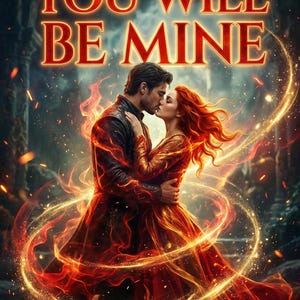 Op de afbeelding: Digitale kunst van een kussend stel, omringd door vurige effecten. De tekst "YOU WILL BE MINE" staat in gloeiende rode letters. De vrouw heeft rood haar en draagt een rode jurk. Het thema is romantiek.