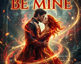 Puede incluir: Ilustración digital de una pareja besándose, rodeada de efectos de fuego. El texto "YOU WILL BE MINE" se muestra en letras rojas brillantes sobre la pareja. La mujer tiene el pelo rojo y lleva un vestido rojo.