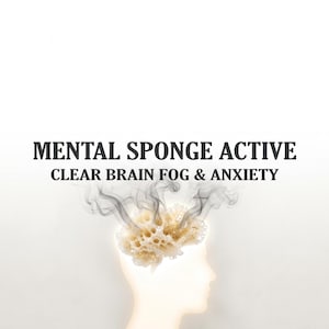 May include: An illustration with the text "MENTAL SPONGE ACTIVE CLEAR BRAIN FOG & ANXIETY". The image depicts a silhouette of a head with a sponge-like object emitting smoke, suggesting mental clarity and relief from anxiety.