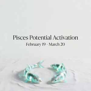May include: Three translucent, turquoise-colored fish sculptures arranged on a white surface. The text "Pisces Potential Activation" and "February 19 - March 20" are displayed above the fish. The fish have a pearlescent sheen.