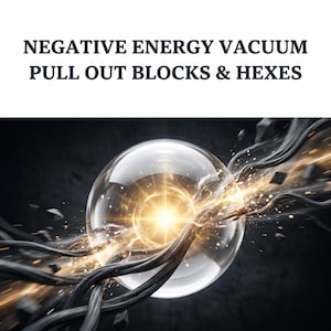 以下が含まれることがあります： 「NEGATIVE ENERGY VACUUM PULL OUT BLOCKS & HEXES」のテキストが入ったデジタルアート。明るい黄色の中心を持つ透明な球体が、暗い背景の中で、暗くねじれた巻きひげと金色の光のバーストに囲まれています。