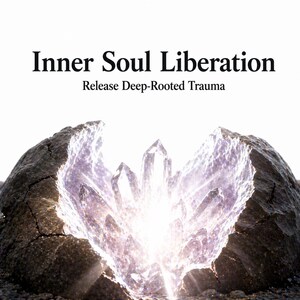Puede incluir: La imagen muestra el texto "Inner Soul Liberation" y "Release Deep-Rooted Trauma". Un grupo de cristales brillantes emite luz desde una formación rocosa oscura y agrietada. El tema general sugiere curación espiritual y transformación.
