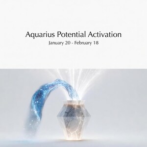May include: An artistic rendering of an Aquarius-themed design. A geometric vase emits bright light, with a stream of blue energy flowing from it. The text "Aquarius Potential Activation" and the dates "January 20 - February 18" are displayed.