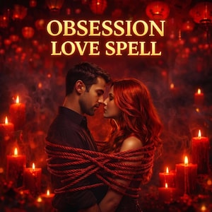 Op de afbeelding: Een romantische afbeelding met de tekst "OBSESSION LOVE SPELL" in gouden letters. Een man en een vrouw omarmen elkaar, gewikkeld in rood touw, omringd door brandende kaarsen en rode lantaarns, wat een gepassioneerde sfeer creëert.