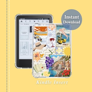 May include: A Kindle e-reader with a clear case displaying an Italian-themed design. The case features illustrations of a wine glass, lemons, a sun, a hat, and a coastal landscape. The text "Instant Download" and "Kindle Insert" are visible.