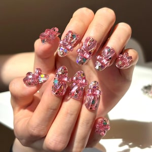3D Glitter Bow Press On Nails Handmade Kawaii Pink Acrylic False Nail Set Reusable Bling Nail Art Y2K Aesthetic for Party Gift Daily Wear