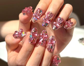Bling 3D Glitter Bow Press Ons Nails: Reusable Gel Kawaii Pink Acrylic Nail Art Gift