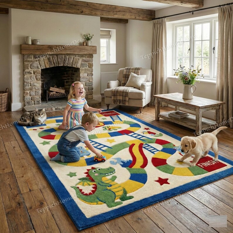 Hand Tufted Kids Game Rug | Snakes & Ladders Play Rug I Children ...