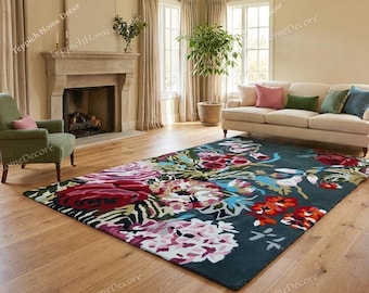 Hand Tufted Floral Rug | Handmade Wool Area Rug | Modern Botanical Living Room Carpet