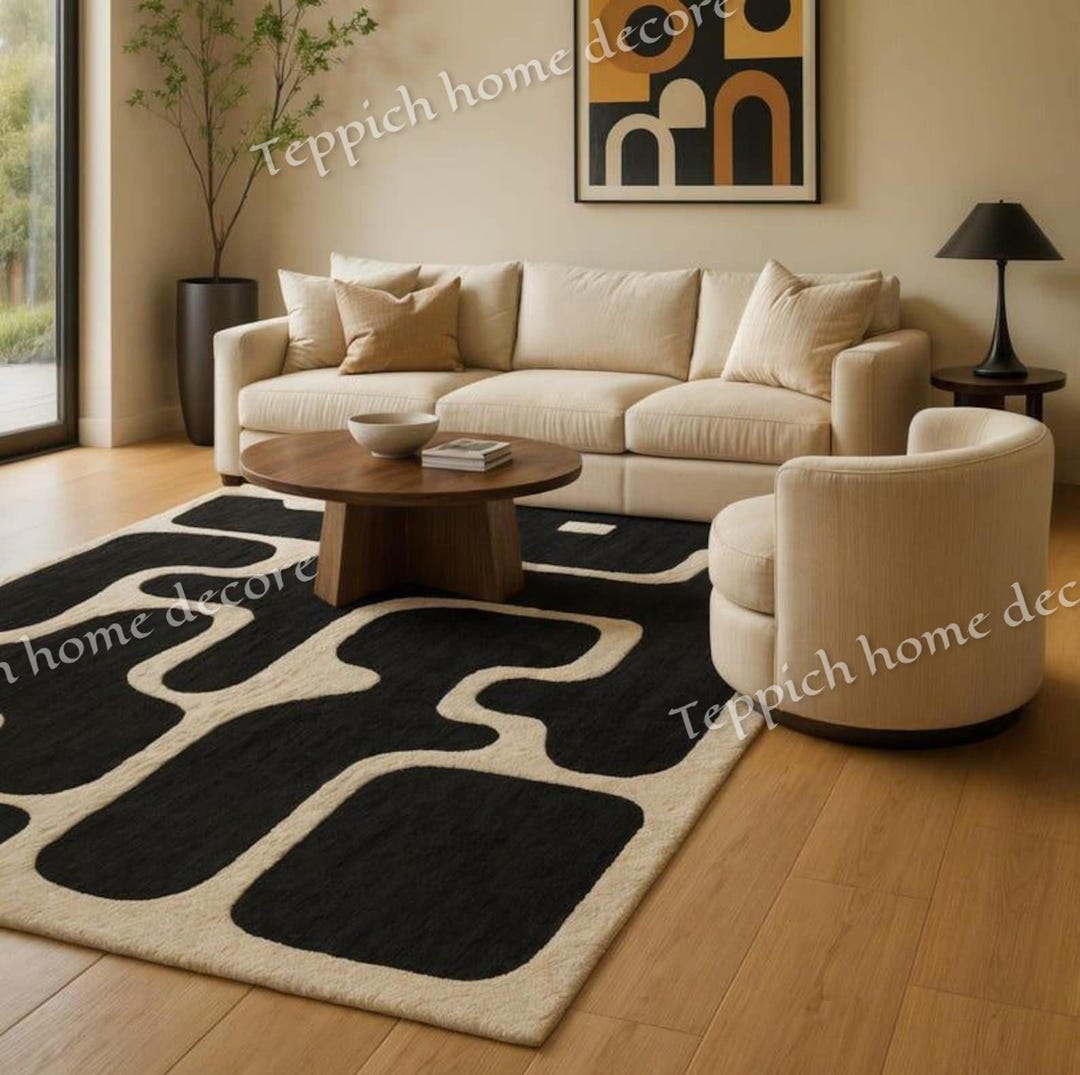 Black and White Abstract Wool Rug: Modern Geometric Design - Etsy