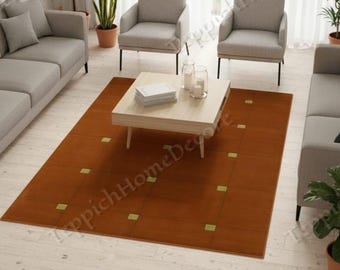 Tappeto in lana terracotta annodato a mano, griglia geometrica, moderno e minimalista