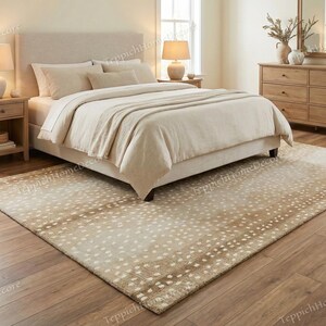 Hand-Tufted Wool Rug: Antelope & Tiger Print, Neutral Woodland Carpet