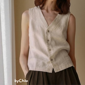 Breathable Linen Blouse for Women Sleeveless Blouse with Buttons Loose Fit Summer Linen Shirt Linen Button Top for Women