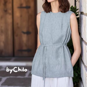 Sleeveless Linen Blouse Elegant Relaxed Fit Tunic Adjustable Tie Waist Top Natural Fabric Clothing Women&#39;s Casual Vest Linen Outfit